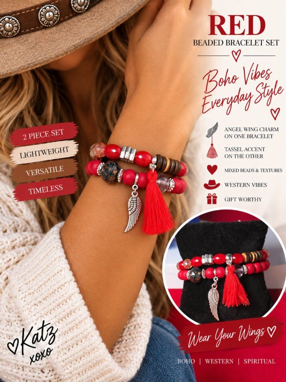 Red Beaded Bracelet Set 2 Boho Angel Wing Tassel Stretch Stack Western Jewelry